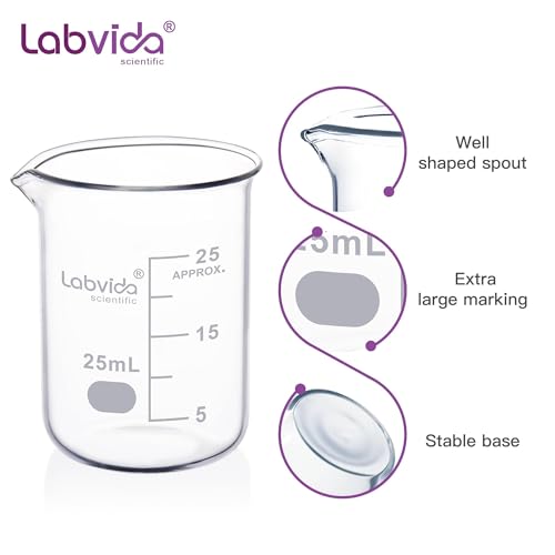 Upgrated 6 Size Low Form Glass Beaker Set, 25ml 50ml 100ml 250ml 500ml 1000ml, 3.3 Boro Glass beakers with Printed Graduation, LVA019