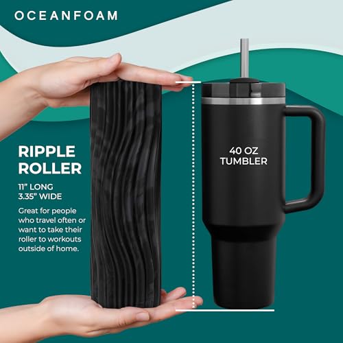 Oceanfoam Ripple Travel Foam Roller (11" x 3.35") Firm Mini Foam Roller for Physical Therapy, Deep Tissue Massage, Back Pain - High Density, Wave Textured - Yoga, Exercise (Black & Charcoal Marbled) - color: Black & Charcoal Marbled