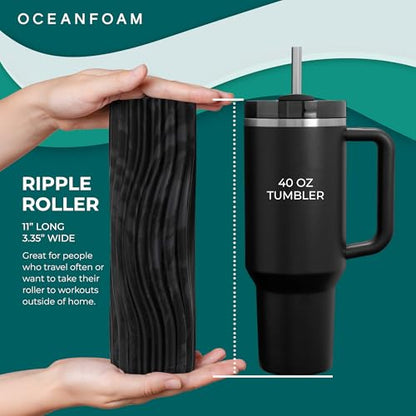 Oceanfoam Ripple Travel Foam Roller (11" x 3.35") Firm Mini Foam Roller for Physical Therapy, Deep Tissue Massage, Back Pain - High Density, Wave Textured - Yoga, Exercise (Black & Charcoal Marbled) - color: Black & Charcoal Marbled