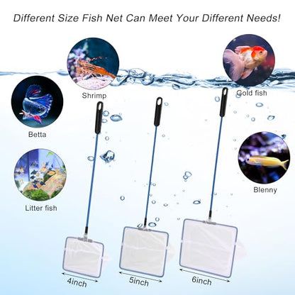 4in 5in 6in Aquarium Fish Net Green Fine Mesh Nylon Net Collection with 11" Long Handle Square Quick Catch Fish Net for Fish Tank