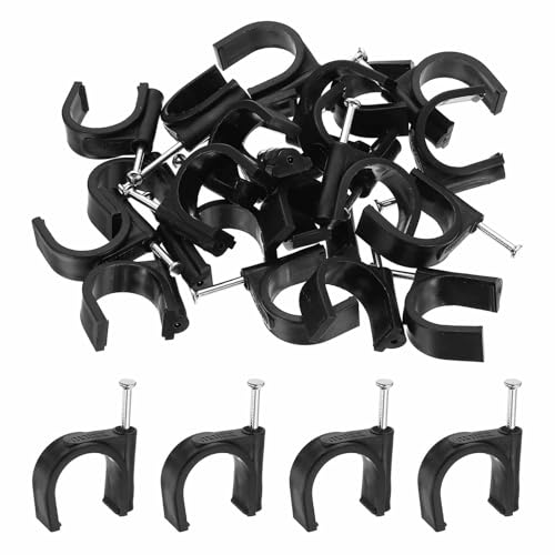 HARFINGTON 120pcs Cable Clips with Nail 22mm ID Circular Single Half Clamp J-Hook with Nail Cord Clips for Wires on Wall for Ethernet Tacks Coax Pex Tubing Pipe Support, Black - size: 22mm ID