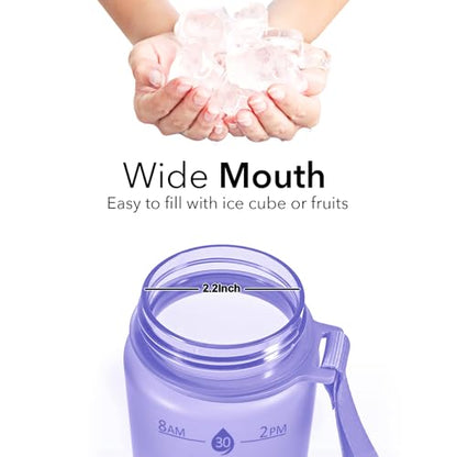 Hyeta Plastic Water Bottle With Straw & Time Marker, 32oz Leakproof Jug - color: Matte Lilac