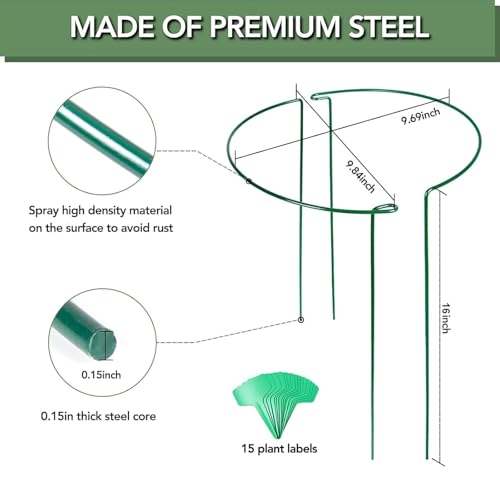 12 Pack Plant Support Stakes, 16 Inch Plant Stakes for Outdoor Plants, Peony Cages and Supports, Peony Cage with 15 Pcs Twist Ties, Flower Stakes Peonies Support Cages for Plants