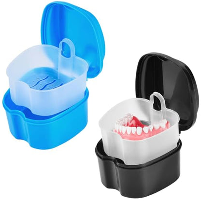 KISEER 2 Pack Colors Denture Bath Case Cup Box Holder Storage Soak Container with Strainer Basket for Travel Cleaning (Light Blue and Black) - color: Light Blue and Black