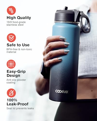 Coolflask 20 oz Insulated Water Bottle with Straw & 3 Leakproof Lids - color: Samurai Cyan, size: 20 Ounces