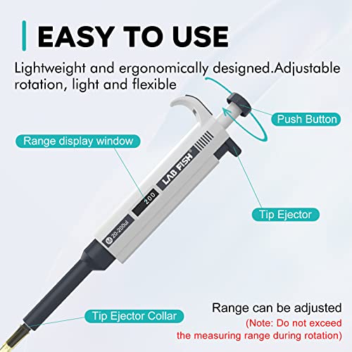LAB FISH Laboratory Micropipette 20-200ul Capacity Range High Accurate Single Channel Pipettor Manual Adjustable Volume Pipettes Increment 1ul with 600pcs 200ul Pipette Tips Set