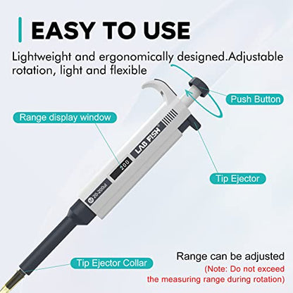LAB FISH Laboratory Micropipette 20-200ul Capacity Range High Accurate Single Channel Pipettor Manual Adjustable Volume Pipettes Increment 1ul with 600pcs 200ul Pipette Tips Set