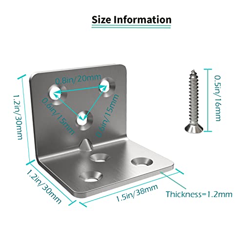 Silver Stainless Steel Corner Bracket,Joint Right Angle Bracket,L Shape Heavy Duty Metal Corner Brace Shelf Supporter for Wood Aufuga (20, 1.5x1.2x1.2)
