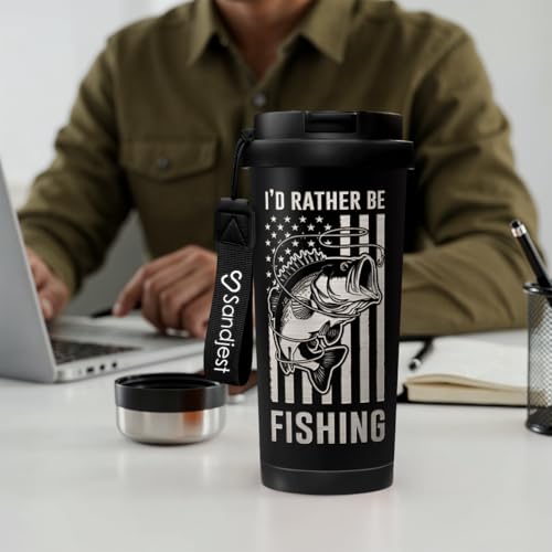 SANDJEST Fishing Tumbler - Stainless Steel 2-in-1 Lid Coffee Tumbler 18 oz, Insulated Travel Mug Gift for Men Husband Dad, Birthday Christmas