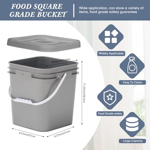 10 Pcs 3.5 Gallon Square Food Grade Bucket with Lid Plastic Buckets Pail with Handle Lid Heavy Duty Buckets for Storing Dry Food Charcoal Camping Fishing(Grey) - color: Gray, style: Square