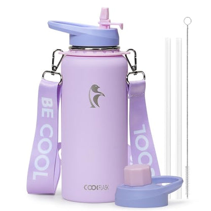 Coolflask 32 oz Water Bottle Insulated Stainless Steel with Strap - color: Lavender, size: 32 Ounces