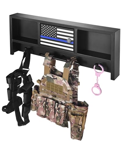 Police Gear Organizer Rack - Heavy Duty Metal Tactical Equipment Storage Stand with Lock, Wall Mount Hooks for Body Armor Vest, Duty Belt & Helmet (Law Enforcement/Military)