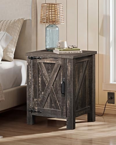 WLIVE Farmhouse Nightstand with Charging Station, End Table with Barn Door and Adjustable Storage Shelf, Rustic Wood Night Stand, 18" Modern Bedside Table for Bedroom, Dark Rustic Oak - color: Dark Rustic Oak