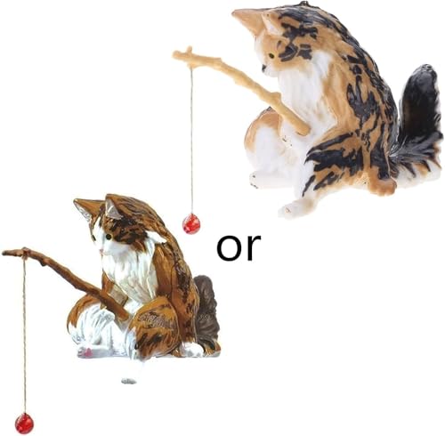 Cat Fishing Statue Decor, Resin Aquarium Ornament, Mini Tank Decoration, for Tanks Desk Yard Pond, Indoor Outdoo (Black)