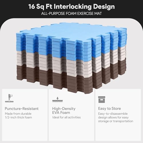 BalanceFrom 16-Pack 12x12 Inches EVA Interlocking Foam Play Tile Mat, Blue/Brown/Beige – 0.4-Inch Thick Non-Slip Puzzle Flooring for 16 Square Feet in Playroom, Nursery, or Playpen at Home