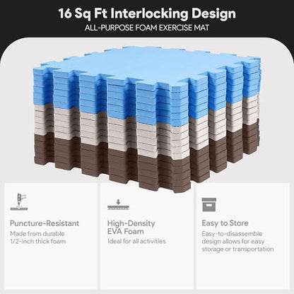 BalanceFrom 16-Pack 12x12 Inches EVA Interlocking Foam Play Tile Mat, Blue/Brown/Beige – 0.4-Inch Thick Non-Slip Puzzle Flooring for 16 Square Feet in Playroom, Nursery, or Playpen at Home