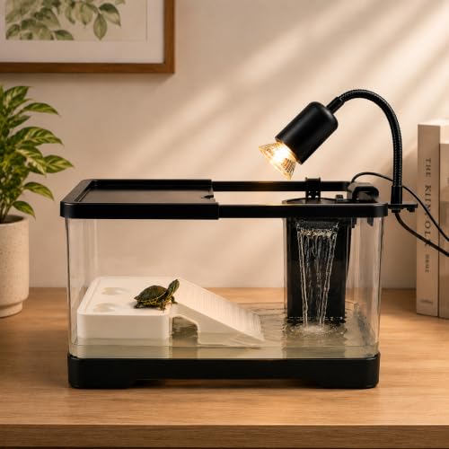 Upgraded 3 GAL Turtle Tank Kit(Tank+3.5W Filter+Light+Basking Platform),Fish Tank Starter Kit, Aquarium for Crabs,Fishes,Amphibians,Reptiles(12 * 7.7 * 7.2 Inch)
