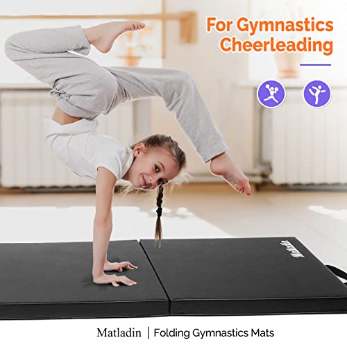 Matladin 8' Folding Gymnastics Gym Exercise Aerobics Mat, 8ft x 2ft x 2in PU Leather Tumbling Mats with Hook & Loop Fastener for Stretching Yoga Cheerleading Martial Arts - color: Black
