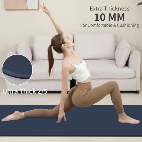 PAIDU POE Yoga Mat （10mm）Extra Thick Fitness Mat 72"x24" with Carry Strap | Non-slip, tear-resistant and suitable for all ages, perfect for yoga, Pilates, home gym and full-body workouts. - color: Navy blue & Black