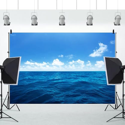 Yeele 8x6ft Blue Ocean Scene Backdrop Blue Sky White Clouds Sea Wave Natural Seascape Photography Background for Sea Theme Baby Shower Kids Birthday Party Decoration Photo Shoot Props Vinyl