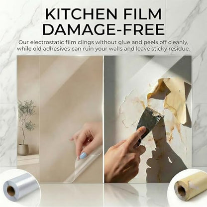 Clear Static Cling Wall Protector Film 17.7in x 32.8ft, Waterproof Oil-Resistant Kitchen Backsplash Protector, Plastic Cover for Painted Walls, Cabinets, Doors, Furniture, Cat Dog Scratch Guard