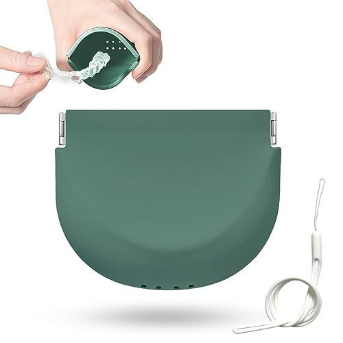 Silicone Retainer Case Soft Upgraded Cute Aligner Slim Partial Denture Container Holder Night Guard Braces with Lanyard for Girl Women Men Travel (Military Green) - color: Military Green