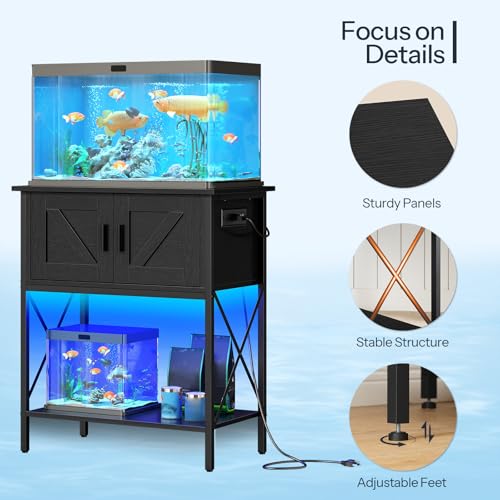 HOOBRO 20 Gallon Fish Tank Stand with Power Outlets and LED Light, Small Entryway Table with 3-Tier Storage Shelves, Turtle Tank Stand with Cabinet Storage, for Living Room, Hallway BB72XG01 BB40UDFT0