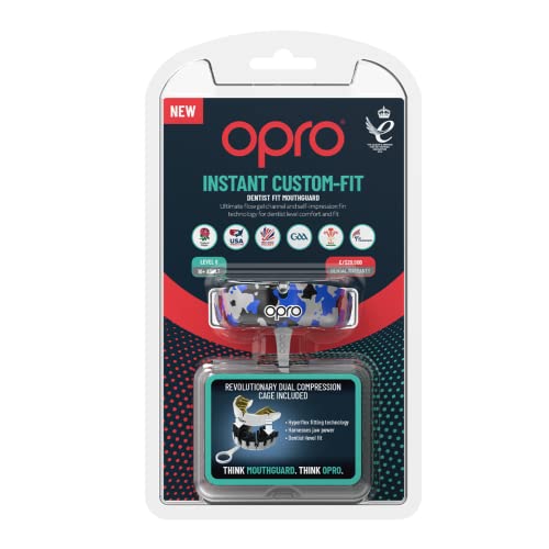 OPRO Instant Custom Fit Moldable Mouth Guard, Dentist Level, Adults & Kids - color: Blue Camo - Black/Blue/Silver, size: Adult (10+)