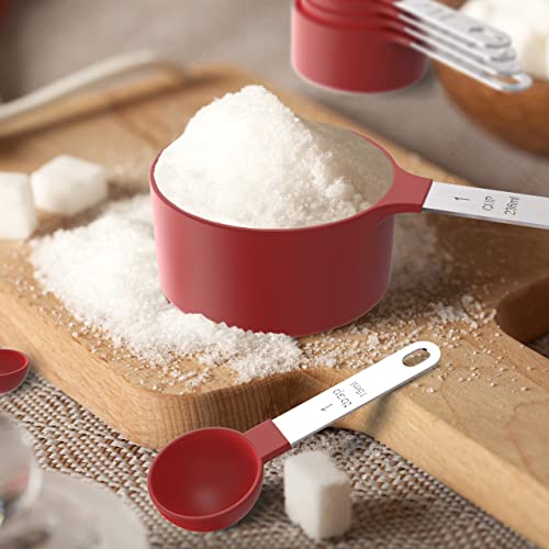 Measuring Cups & Spoons Set, Stackable Cups and Spoons, Nesting Measure Cups with Stainless Steel Handle, Kitchen Gadgets for Cooking & Baking (Red) - color: Red