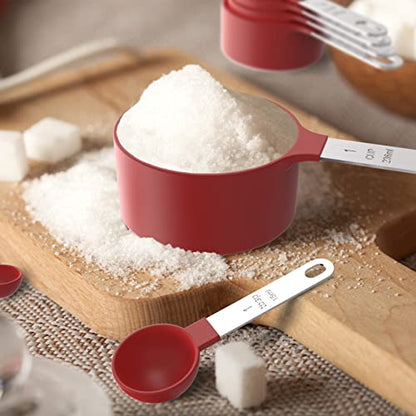 Measuring Cups & Spoons Set, Stackable Cups and Spoons, Nesting Measure Cups with Stainless Steel Handle, Kitchen Gadgets for Cooking & Baking (Red) - color: Red