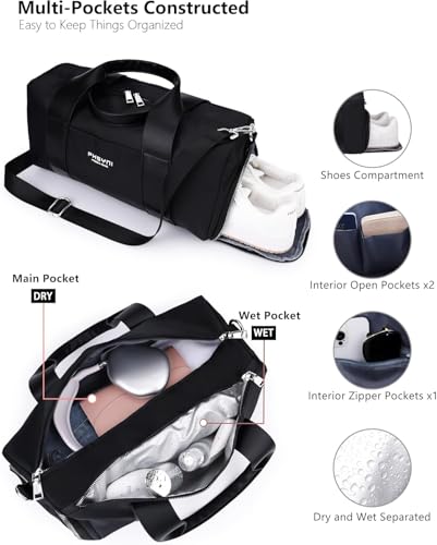 16" Gym Bag for Women,with Shoes Compartment and Waterproof Pocket(Black) - color: Black, size: 16" Small Size