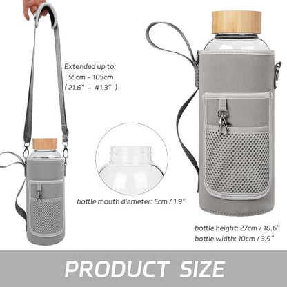 48 oz Sports Borosilicate Glass Water Bottle with Bamboo Lid with Neoprene Sleeve - color: Grey-x