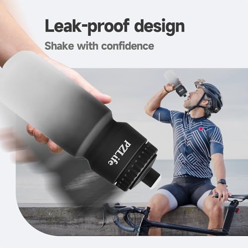 24oz Bike Water Bottle, Cycling Squeeze Water Bottle Leak Proof BPA Free | with Capacity Scale w/Pull Top Lid, Reusable, for Bicycle,Gym, School - color: Black