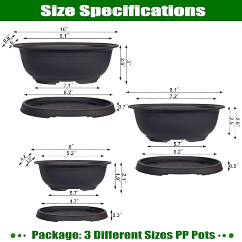 3 Pack Mixed Size Oval Bonsai Planter Pot with Drainage Tray, Matte Finish Ellipse Plastic Bonsai Succulent Growing Pot for Home Garden Plant Container 9.1” 7.2” 5.2” - size: 5.2" / 7.2" / 9.1" Mixed
