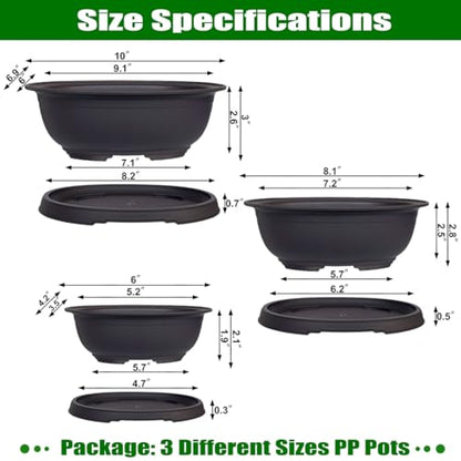 3 Pack Mixed Size Oval Bonsai Planter Pot with Drainage Tray, Matte Finish Ellipse Plastic Bonsai Succulent Growing Pot for Home Garden Plant Container 9.1” 7.2” 5.2” - size: 5.2" / 7.2" / 9.1" Mixed