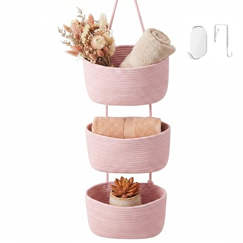 Hanging Basket, Over Door Organizer, 3 -Tier Wall Basket with Hooks | Pink Adjustable Height Cotton Wall Organizer Boho Basket for Nursery Bathroom Living Room Bedroom Kitchen Small Apartment - style: Pink