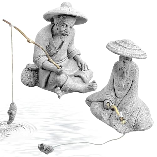 2 Pcs Sitting Fisherman Figurines, Aquarium Decorations Mini Fish Tank Ornaments Asian Zen Statue, Sandstone Vintage Aquascaping Decor for Betta Tank Accessories (Large) - size: Large