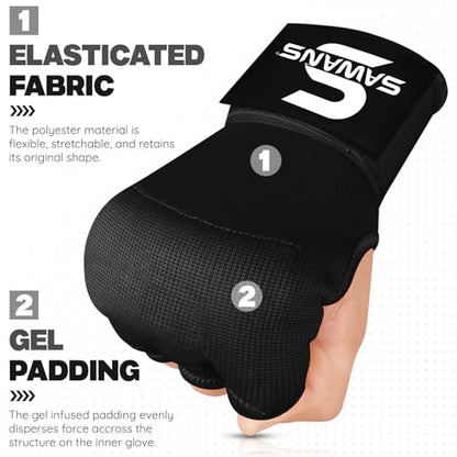 SAWANS Boxing Hand Wraps Inner Gloves for Hand Protection Long Wrist Straps Elasticated, Padded Martial Arts Combat Gloves Punching Bag Training Gel Mitts Muay Thai MMA - size: Kids/Junior