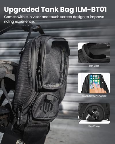 ILM Motorcycle Tank Bag Magnetic 4 Straps Reinforced Fastening Waterproof Touch Screen Phone Pouch Motorbike BT01 - color: Black