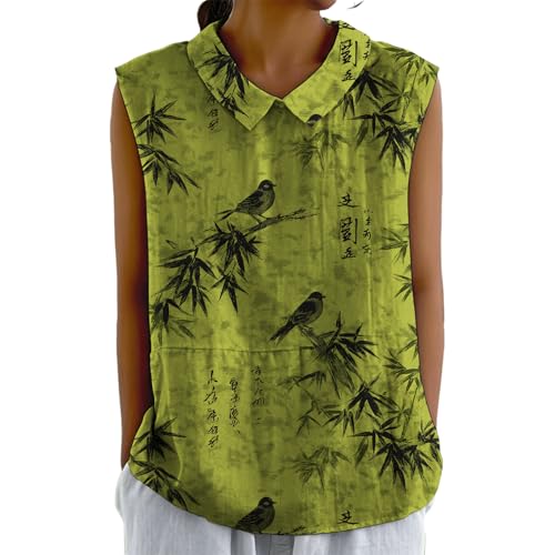 domirica Graceful Japanese Art Pattern Sleeveless Collared Tank Top Soft Casual Boho Sleeveless Tshirts for Women - color: Bamboo, size: XX-Large