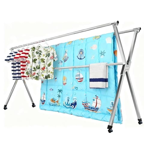 Clothes Drying Rack Folding Indoor Outdoor Rolling Portable Laundry Drying Rack, Heavy Duty Laundry Hanger Dryer Rack with 20 Hooks - size: 83.50 inches