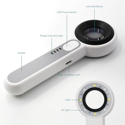 Handheld Magnifier 60X with UV&LED Lights Jeweler Loups Magnifying Glass with 30mm Optical Lens, Touch Light Control, Battery LED Indicator, Rechargeable Loupe Magnifier for Gemstones Watches Plants - size: 60X with Touch Light