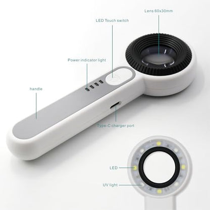 Handheld Magnifier 60X with UV&LED Lights Jeweler Loups Magnifying Glass with 30mm Optical Lens, Touch Light Control, Battery LED Indicator, Rechargeable Loupe Magnifier for Gemstones Watches Plants - size: 60X with Touch Light