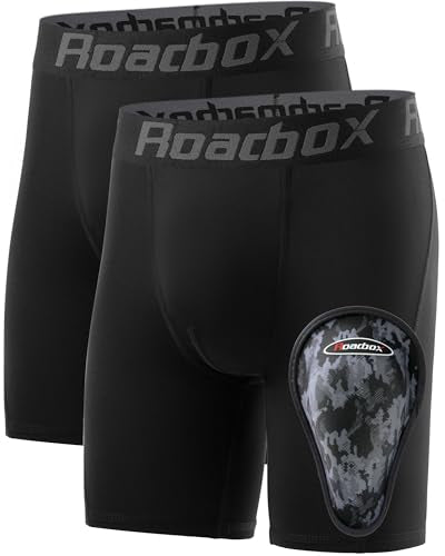 Roadbox Youth Boys Compression Shorts with Protective Cup Baseball Football - color: 2pack Black+black(1 Cup), size: X-Small
