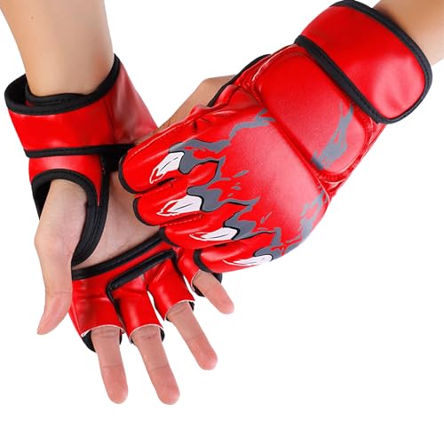 MMA Gloves Grappling Sparring, Half Finger Boxing Fight Gloves, Open Palm Martial Arts Mitts Men Women Boxing Gloves for Sanda Sparring Punching Bag Training - color: Red
