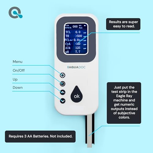 Eagle Ray Digital Water Test Kit for Pool & Spa by AquaDoc with Digital Water Tester and 30 Pool & Hot Tub Test Strips for Chlorine, Bromine, Total Hardness, Cyanuric Acid, Alkalinity and pH - size: Digital Water Test Kit