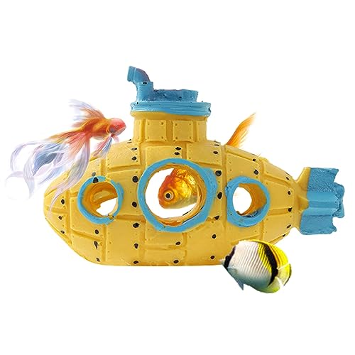 Resin Hollow Submarine Fish Tank Decorations Aquarium Shrimp Hideout Aquarium Ornament Hiding Cave Shelter for Shrimp Betta Lizards Hideaway Decor (Submarine Yellow)