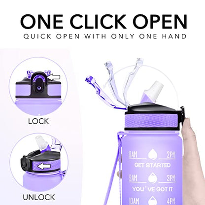 Hyeta Water Bottle with Straw & Time Marker, Plastic 32oz Leakproof - color: Light Purple Green