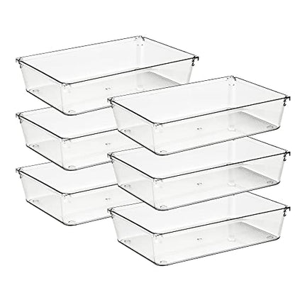 Ravinte 6 Pack Drawer Organizer - 6" X 9" Plastic Storage Bins, Acrylic Organizers with Non-Slip Pads Clear Desk Storage Tray for Makeup, Jewelries, Kitchen Utensils, Bathroom and Office - size: 6" x 9"