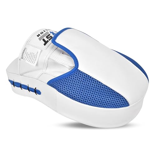 Boxing Pads Curved Focus Mitts, Maya Hide Leather Hook and jab Training Pads, Adjustable Strap Ventilated, MMA Muay Thai Kickboxing Coaching Martial Arts Punching Hand Target Strike Shield - color: Blue-Whit